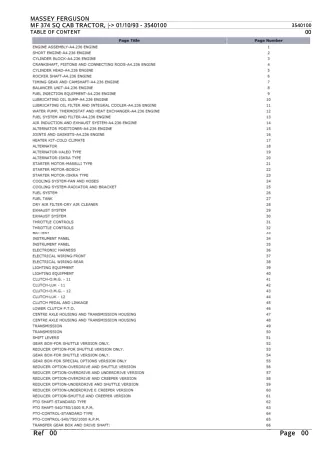 Massey Ferguson MF 374 SQ CAB TRACTOR, - 011093 Parts Catalogue Manual