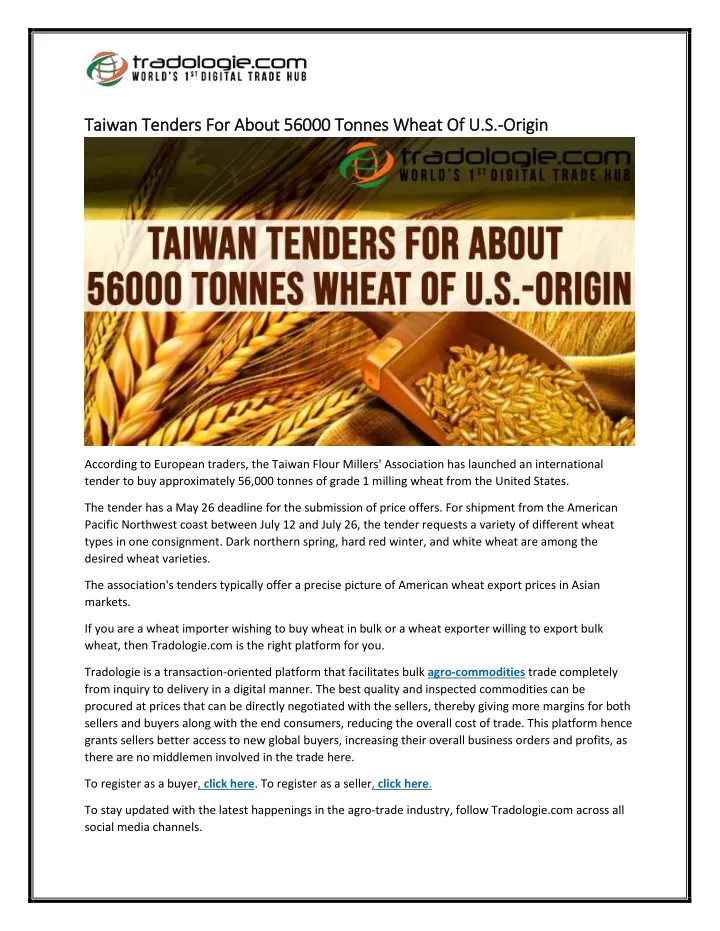 taiwan tenders for about 56000 tonnes wheat