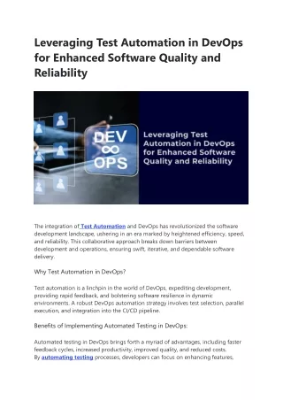 Leveraging Test Automation in DevOps for Enhanced Software Quality and Reliability