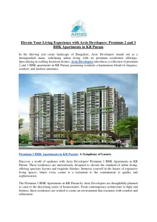 Elevate Your Living Experience with Arsis Developers, Premium 2 and 3 BHK Apartments in KR Puram