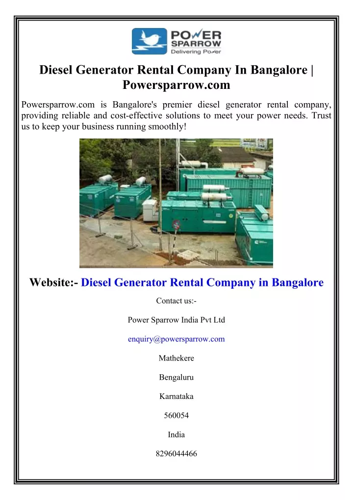 diesel generator rental company in bangalore