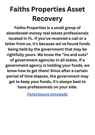 Faiths Properties Asset Recovery