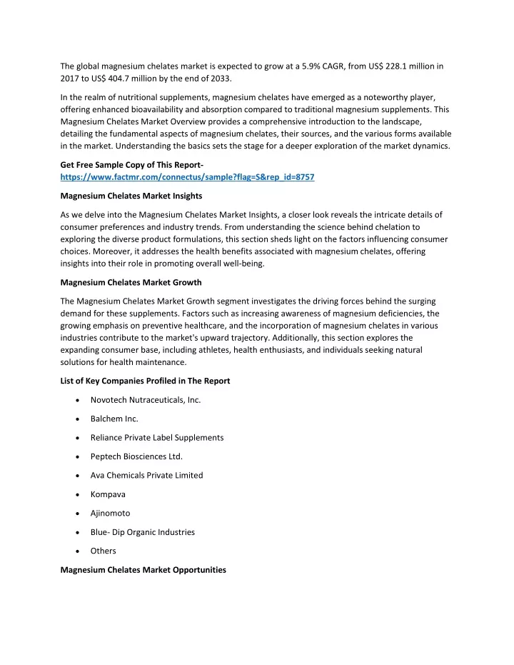 the global magnesium chelates market is expected