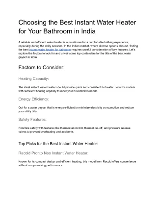 Choosing the Best Instant Water Heater for Your Bathroom in India