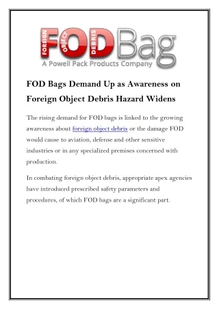 FOD Bags Demand Up as Awareness on Foreign Object Debris Hazard Widens