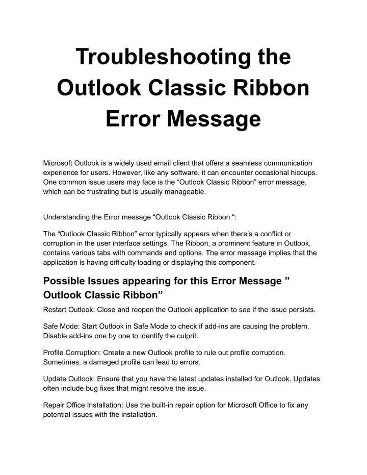 troubleshooting the outlook classic ribbon error
