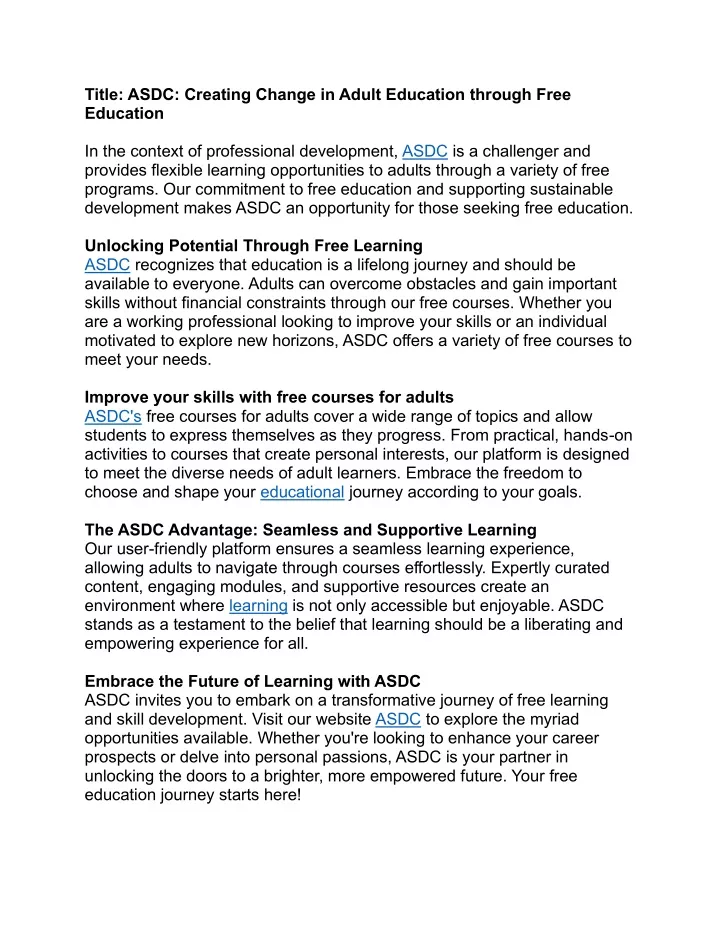title asdc creating change in adult education