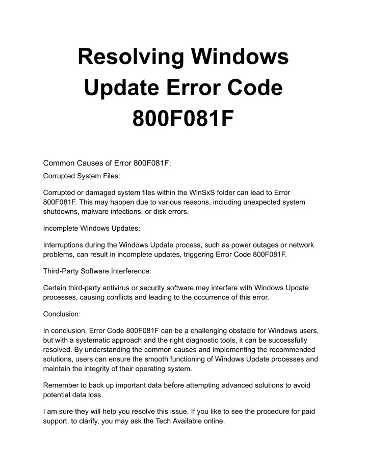 resolving windows update error code 800f081f