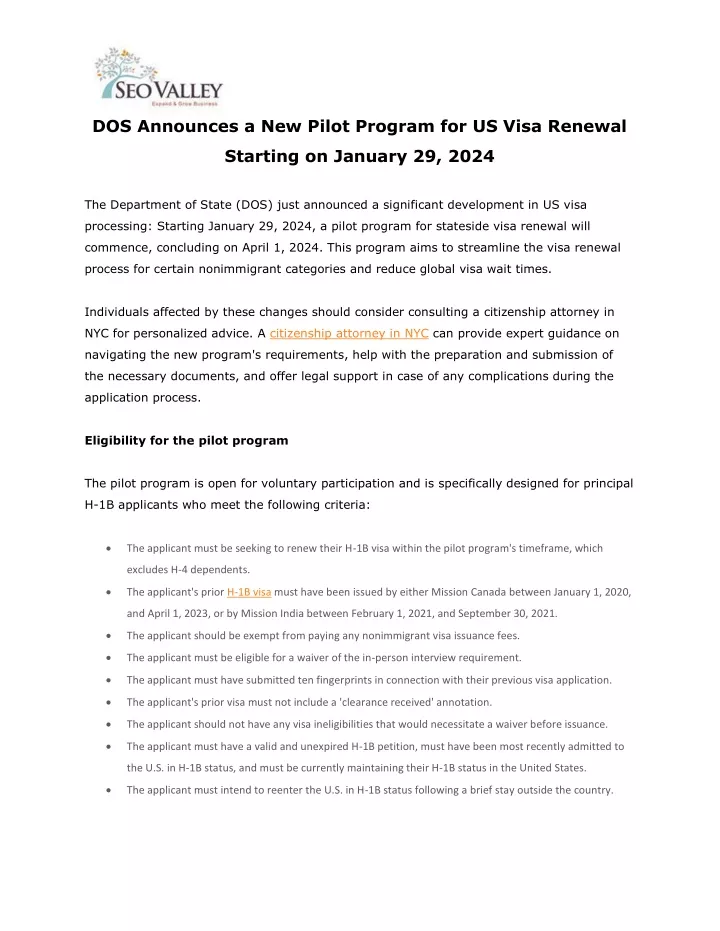 dos announces a new pilot program for us visa