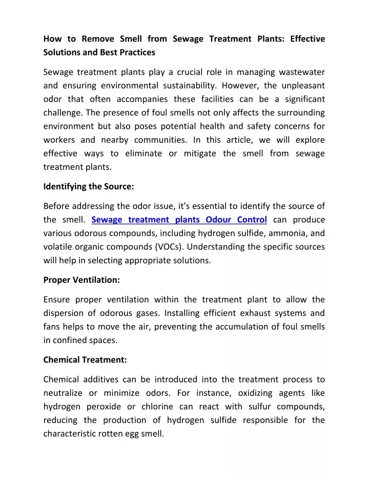 how to remove smell from sewage treatment plants