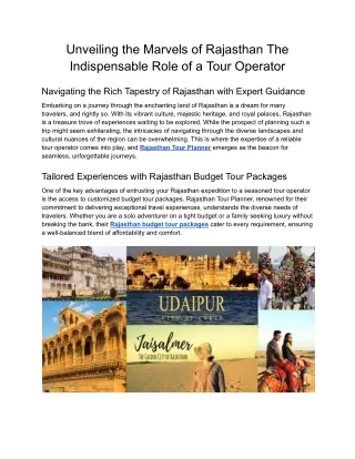 Unveiling the Marvels of Rajasthan The Indispensable Role of a Tour Operator