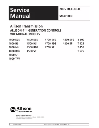 Allison Transmission 4000 Series Generation Controls Vocational Models T 450 Service Repair Manual