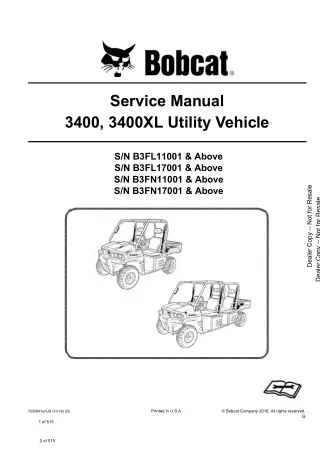 Bobcat 3400, 3400XL Utility Vehicle Service Repair Manual (SN B3FL17001 and Above)