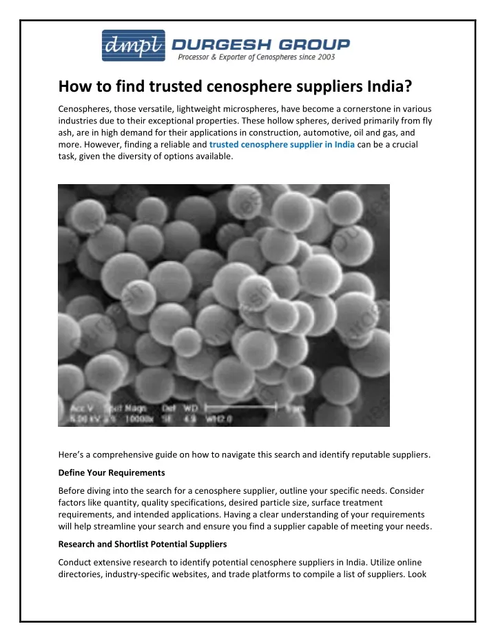 how to find trusted cenosphere suppliers india