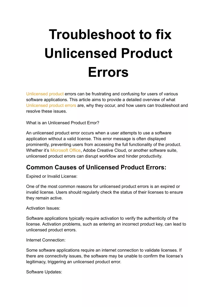 troubleshoot to fix unlicensed product errors