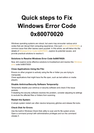 Quick steps to Fix Windows Error Code 0x80070020