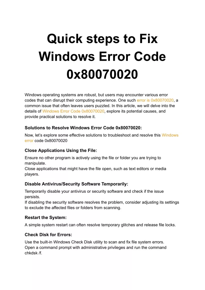 quick steps to fix windows error code 0x80070020