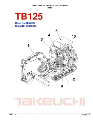 Takeuchi TB125 Compact Excavator Parts Catalogue Manual (SN 12510009 and up)