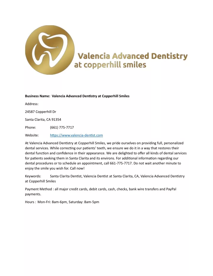 business name valencia advanced dentistry