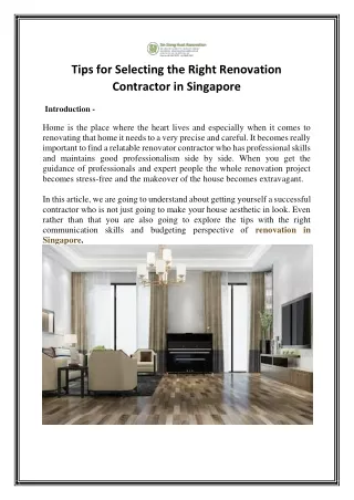 Tips for Selecting the Right Renovation Contractor in Singapore