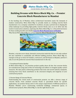 Building Dreams with Metco Block Mfg. Co. – Premier Concrete Block Manufacturer in Mumbai