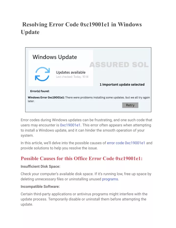 resolving error code 0xc19001e1 in windows update