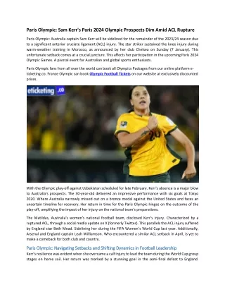 Paris Olympic Sam Kerr's Paris 2024 Olympic Prospects Dim Amid ACL Rupture