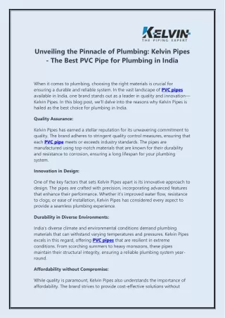 Unveiling the Pinnacle of Plumbing Kelvin Pipes The Best PVC Pipe for Plumbing in India