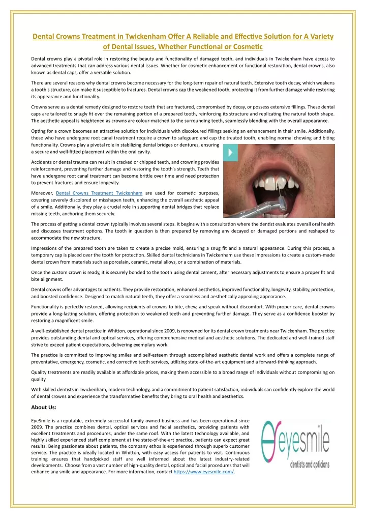 dental crowns treatment in twickenham offer