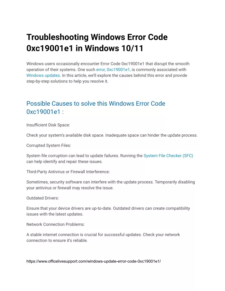 troubleshooting windows error code 0xc19001e1