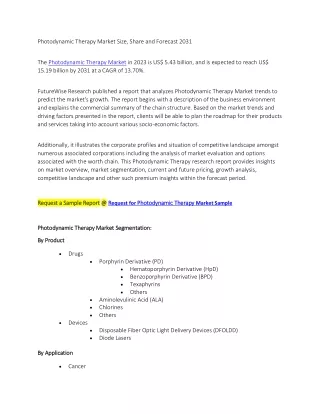 Photodynamic Therapy Market Size, Share and Forecast 2031