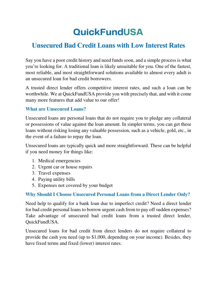 unsecured bad credit loans with low interest rates