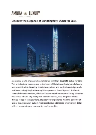 Discover the Elegance of Burj Binghatti Dubai for Sale