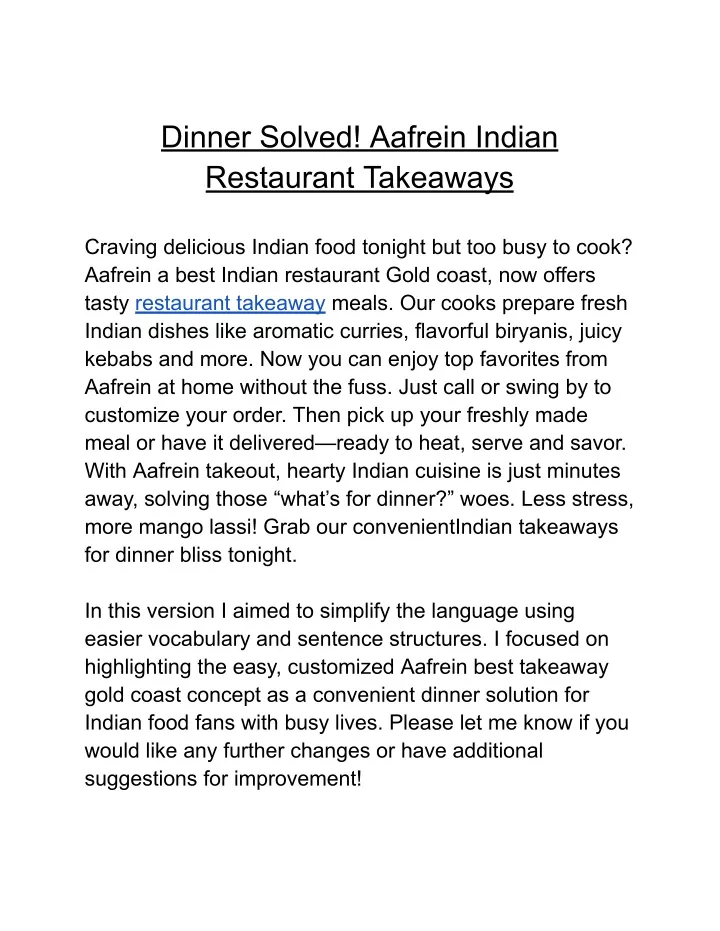 dinner solved aafrein indian restaurant takeaways