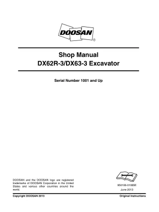 Daewoo Doosan DX62R-3 Excavator Service Repair Manual (Serial Number 1001 and Up)