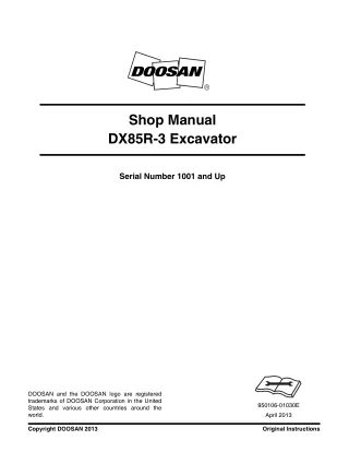 Daewoo Doosan DX85R-3 Excavator Service Repair Manual (Serial Number 1001 and Up)