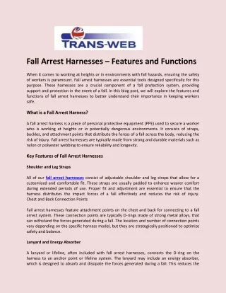 Fall Arrest Harnesses Features and Functions - Trans-Web