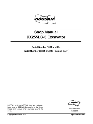 Daewoo Doosan DX255LC-3 Excavator Service Repair Manual Serial Number 1001 and Up