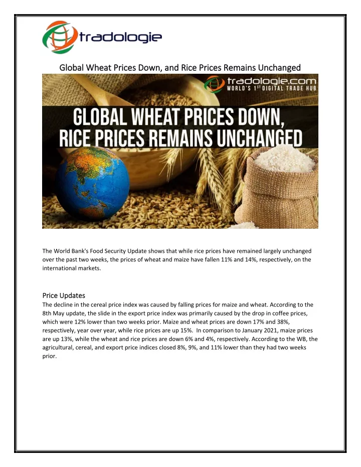 global wheat prices down and rice prices remains
