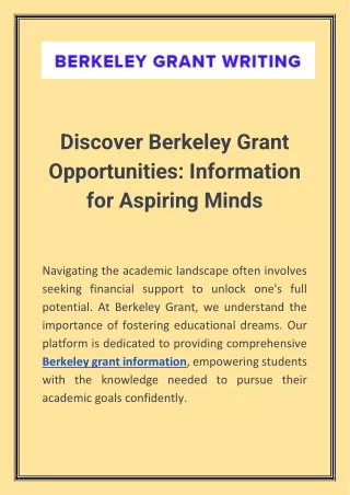 Discover Berkeley Grant Opportunities- Information for Aspiring Minds