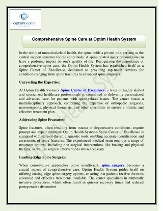 Comprehensive Spine Care at Optim Health System