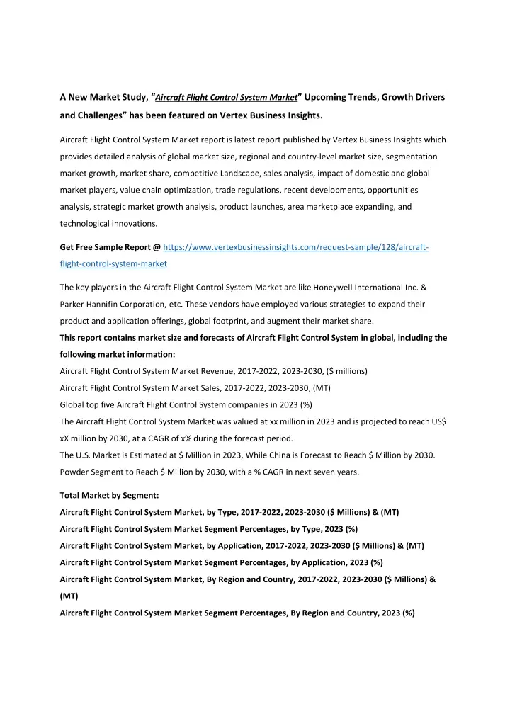 a new market study aircraft flight control system