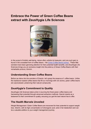 Embrace the Power of Green Coffee Beans extract with ZeusHygia Life Sciences