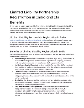 Limited Liability Partnership Registration in India and Its Benefits