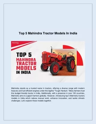 Top 5 Mahindra Tractor Models In India