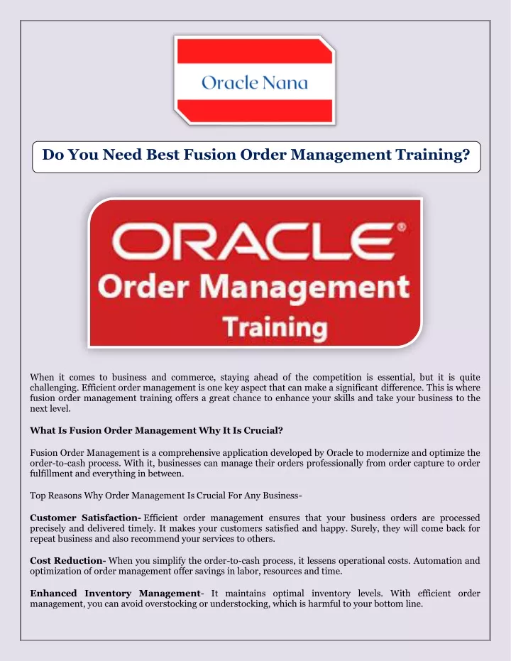 do you need best fusion order management training