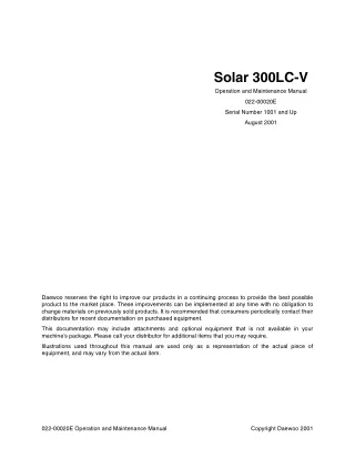 Daewoo Doosan Solar 300LC-V Excavator Operation and Maintenance Manual