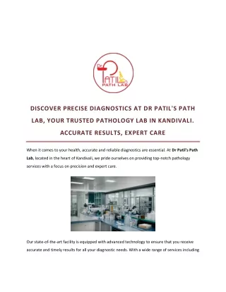 DISCOVER PRECISE DIAGNOSTICS AT DR PATIL'S PATH LAB, YOUR TRUSTED PATHOLOGY LAB IN KANDIVALI. ACCURATE RESULTS, EXPERT C