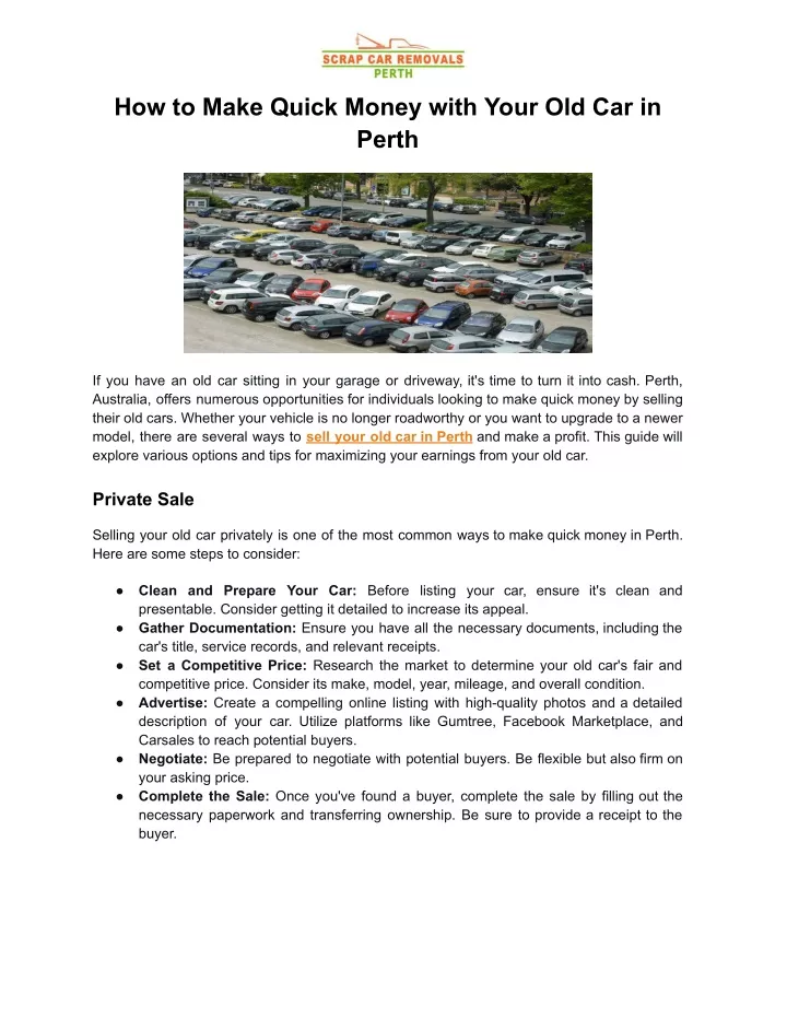 how to make quick money with your old car in perth