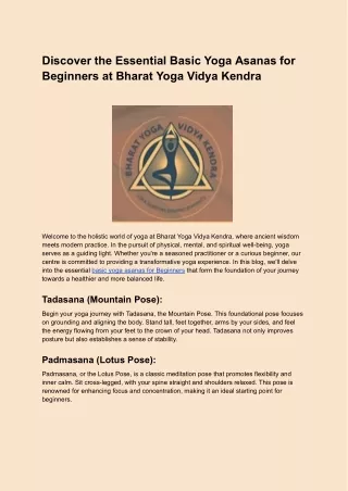 Discover the Essential Basic Yoga Asanas for Beginners at Bharat Yoga Vidya Kendra